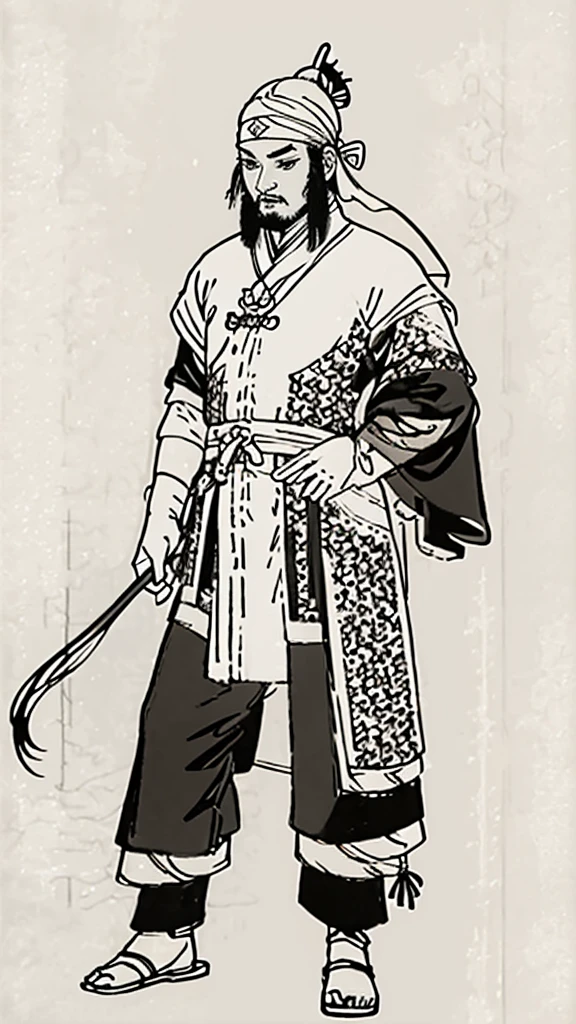 (((Monochrome)))、(((Ink Painting)))、((ancient China、Handsome young man with hair in a bun and wearing a white swimming cap))、Put your hands behind your back、Line art、Oriental、Ultra-high resolution、Game Poster、Crisp and beautiful image quality、whole body ,(ancient China鎧, Dragon head on shoulder, (ancient China鎧 with intricate pattern:1.2), gloves, Long trousers, (Very detailed, bloom:1.5), (Highest quality, Concept Art, 4K), (analog:1.2), (high sharpness), (Detailed pupil:1.1), Detailed face and eyes, masterpiece, Highest quality,8k, (Black Hair, Dynamic Short Hair), (PurerosFace_v1:0.2), [:(Detailed face:1.2):0.2], sharp, Realistic Shadows,  