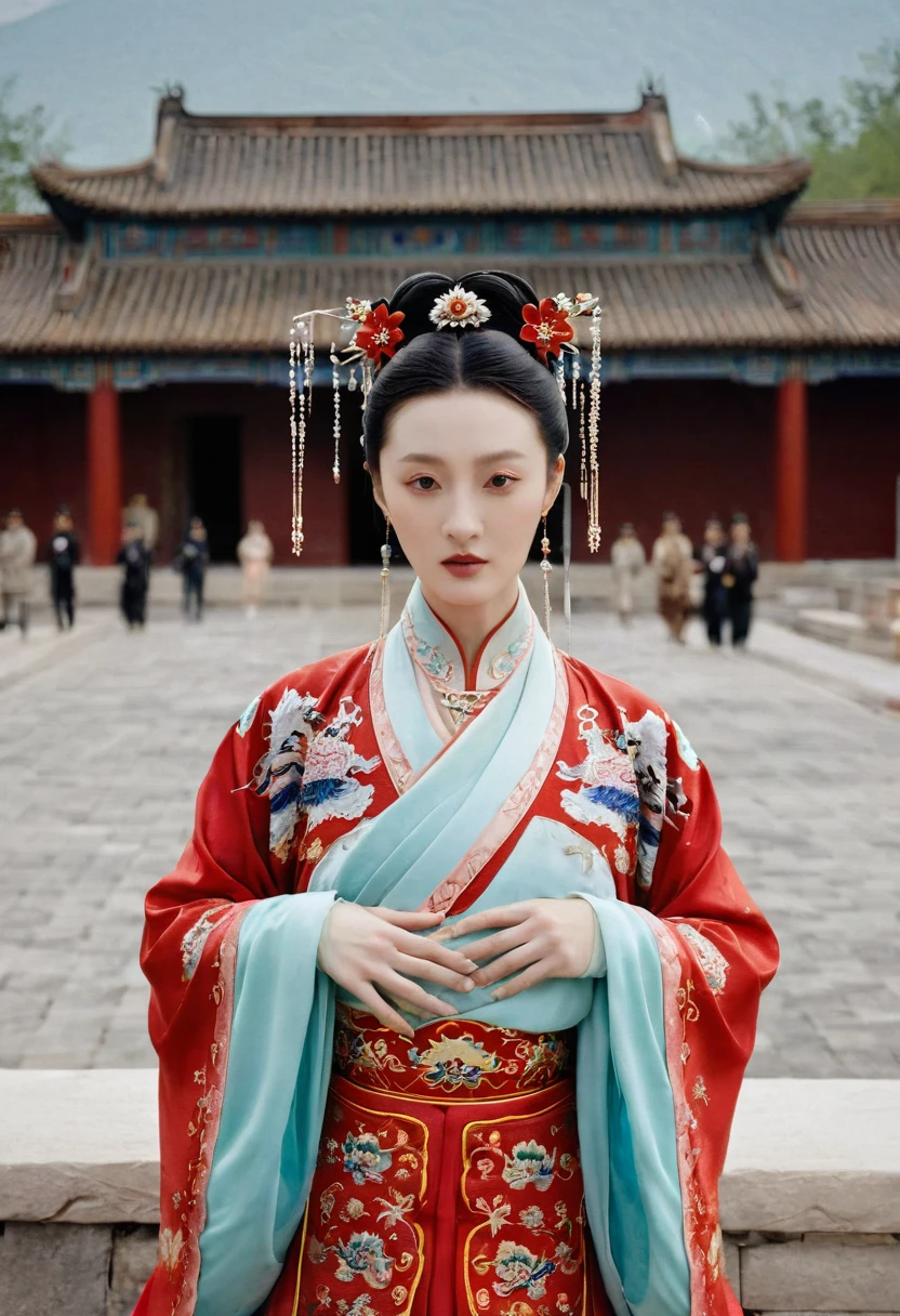 Chinese actress Xu Xun in The Legend of Ruyi (Zhou Xun) A Qing Dynasty Empress standing in front of the crowd. Her large breasts and hairy lower abdomen are visible. Her hair is tied up and pulled up with a gorgeous flower ornament.、A perverted erotic woman wearing the crown of a Qing Dynasty empress. The background is the stone paving of a Chinese palace during the Qing Dynasty. She is naked without underwear on the stone paving outside a Chinese palace during the Qing Dynasty.、