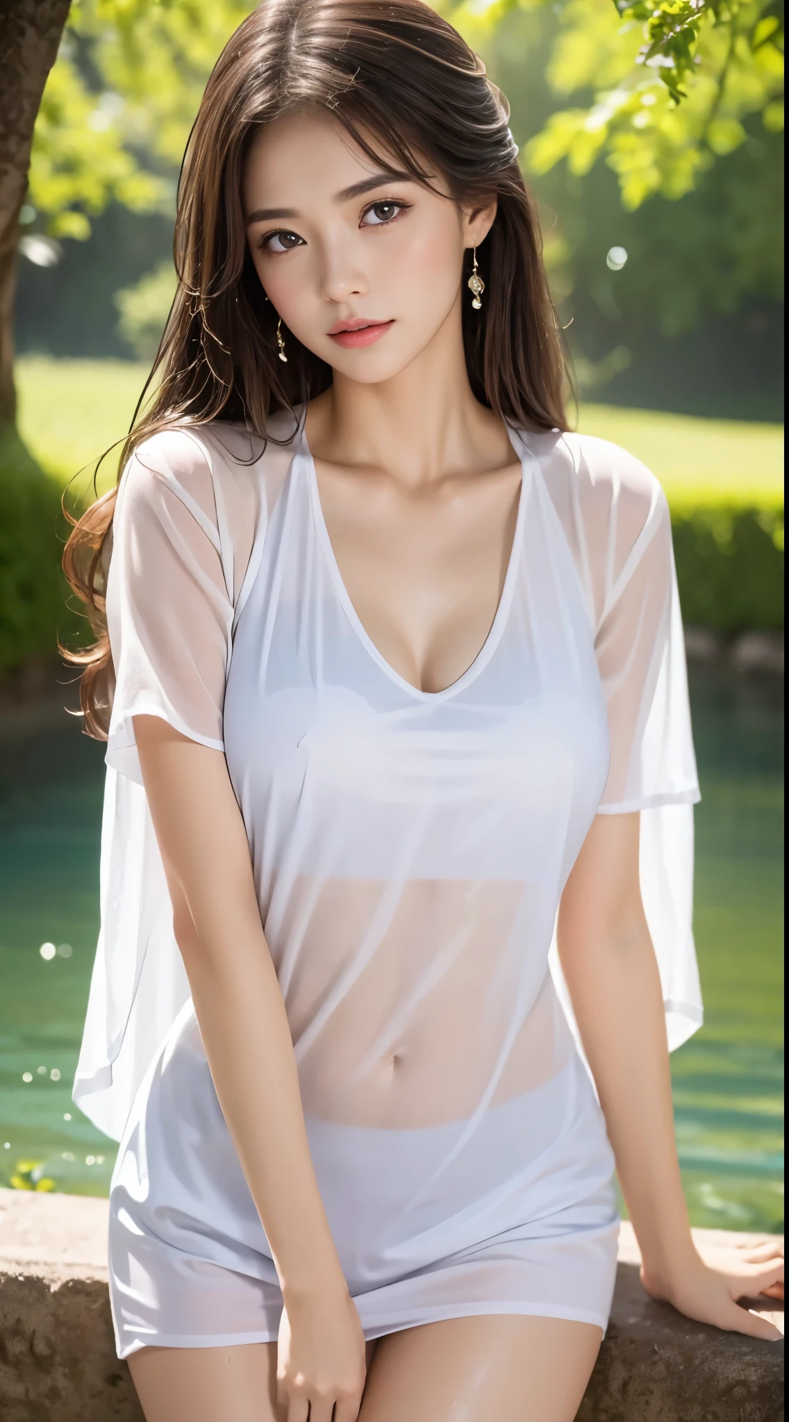 (Highest quality, 4K, masterpiece :1.3), Beautiful woman, One girl, sexy :1.1, Dark brown hair: 1.1, (It rained and I got wet, Raindrops, Wet body :1.2), White vest, Highly detailed face, Detailed lips, Dark Eyes, Detailed eyes, double eyelid