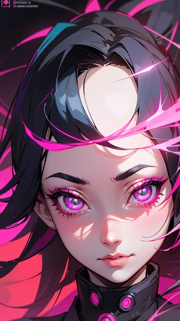 Shinobu Kocho from Kimetsu no Yaiba, neon style, 1 girl, beautiful detailed eyes, beautiful detailed lips, extremely detailed face and features, long eyelashes, elegant kimono, neon lights, glowing neon colors, cyberpunk, futuristic, highly detailed, 4k, 8k, photorealistic, masterpiece, professional digital art