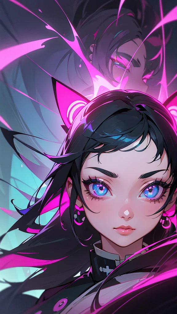 Shinobu Kocho from Kimetsu no Yaiba, neon style, 1 girl, beautiful detailed eyes, beautiful detailed lips, extremely detailed face and features, long eyelashes, elegant kimono, neon lights, glowing neon colors, cyberpunk, futuristic, highly detailed, 4k, 8k, photorealistic, masterpiece, professional digital art