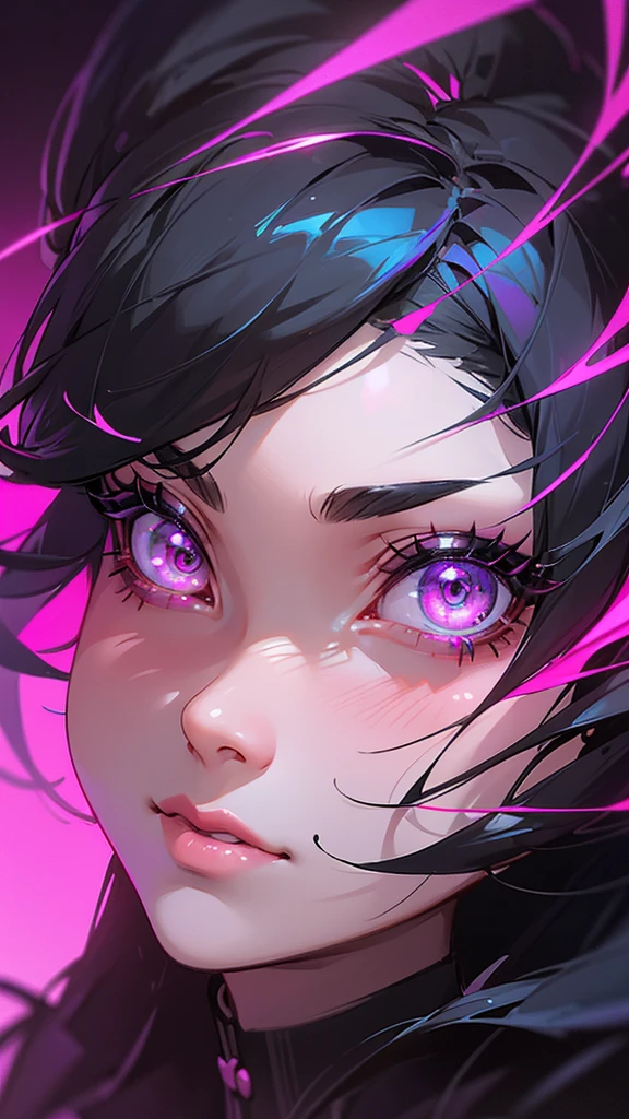 Shinobu Kocho from Kimetsu no Yaiba, neon style, 1 girl, beautiful detailed eyes, beautiful detailed lips, extremely detailed face and features, long eyelashes, elegant kimono, neon lights, glowing neon colors, cyberpunk, futuristic, highly detailed, 4k, 8k, photorealistic, masterpiece, professional digital art