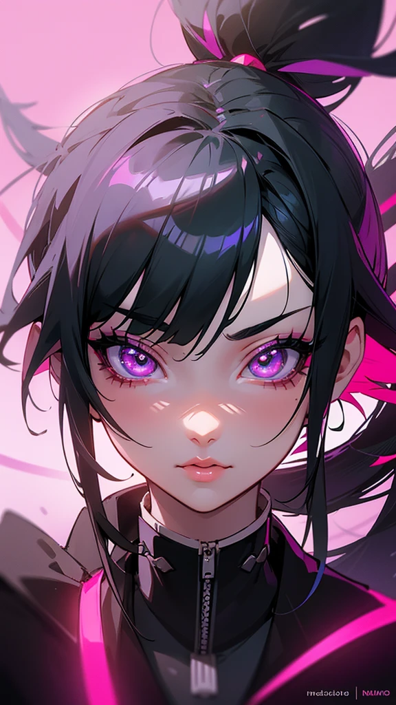 Shinobu Kocho from Kimetsu no Yaiba, neon style, 1 girl, beautiful detailed eyes, beautiful detailed lips, extremely detailed face and features, long eyelashes, elegant kimono, neon lights, glowing neon colors, cyberpunk, futuristic, highly detailed, 4k, 8k, photorealistic, masterpiece, professional digital art