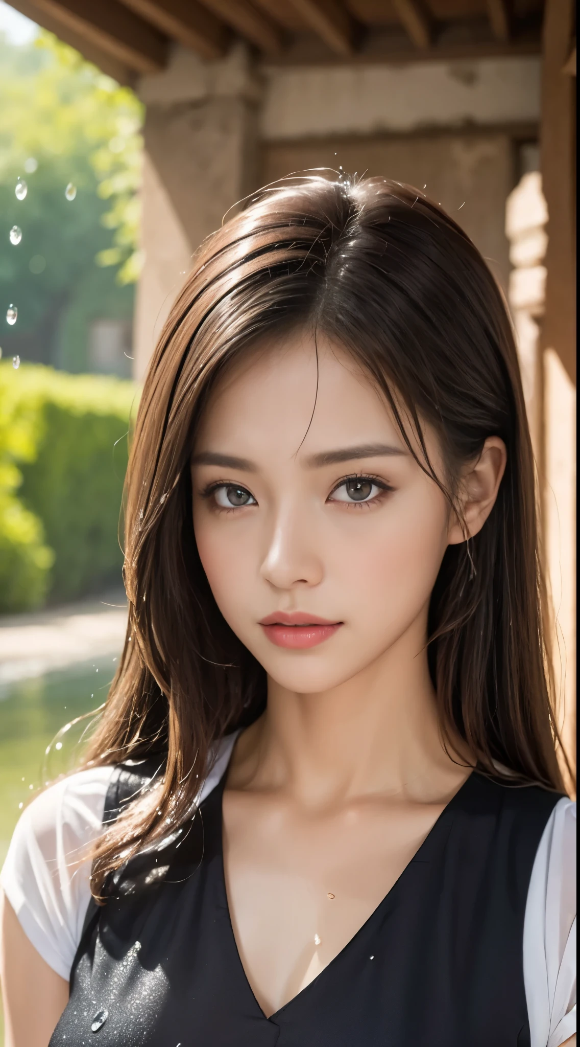 (Highest quality, 4K, masterpiece :1.3), Beautiful woman, One girl, sexy :1.1, Dark brown hair: 1.1, (It rained and I got wet, Raindrops, Wet body :1.2), White vest, Highly detailed face, Detailed lips, Dark Eyes, Detailed eyes, double eyelid