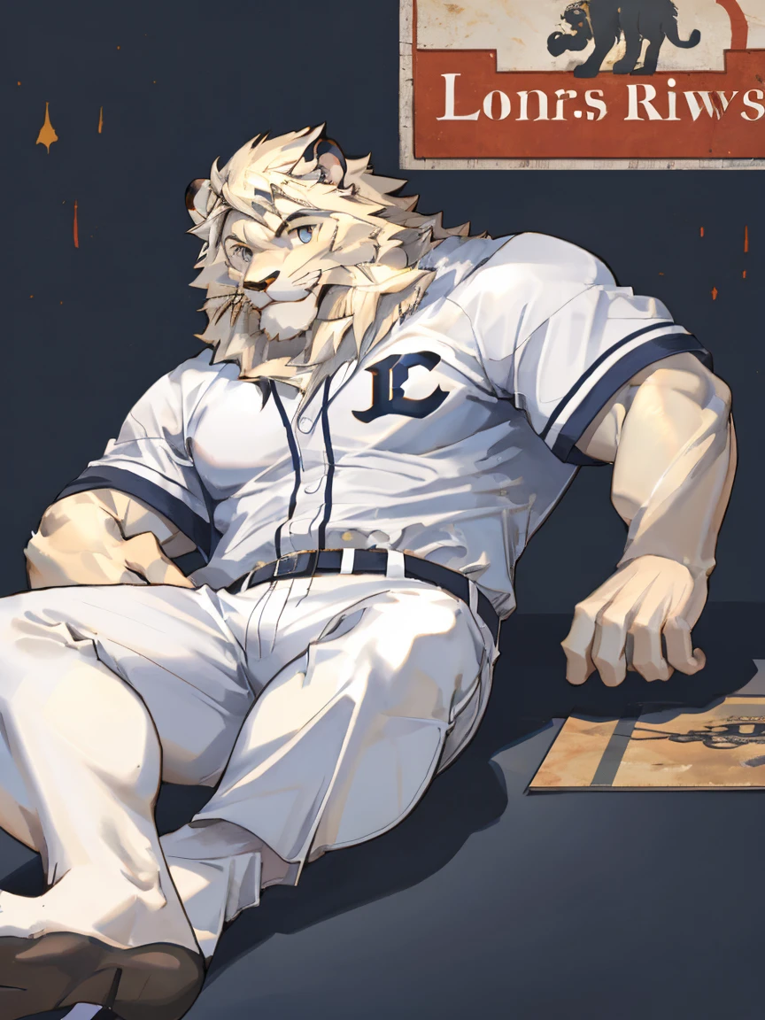 Leo seibu lions, good looking, male, anthro, ultradetailed, muscular, solo, bareness, rippling muscles, muscles, simple background, vector background, tail, smiling, lying, open legs, baseball uniform, poster