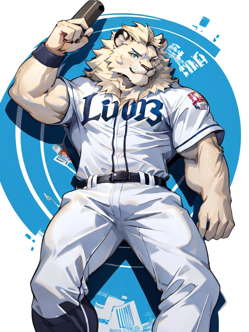 Leo seibu lions, good looking, male, anthro, ultradetailed, muscular, solo, bareness, rippling muscles, muscles, simple background, vector background, tail, smiling, lying, open legs, baseball uniform, poster