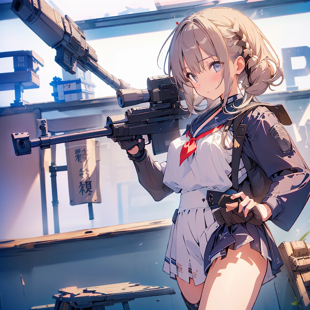 1girl、(((Highest quality、Masterpiece、Official Art、The best dynamic composition、Super detailed)))、Sniper high school girl、Black Sailor Suit、Anime Style、Creative outfits、、Unique and original hairstyle、 holding_gun、QBU10,うつぶせになってgunをかまえている、Looking into the site、To the audience、White Background, Holding, Holding 武器, gun, Holding gun, Armband, rifle, Grey Skirt, headset, assault rifle, grey gloves,