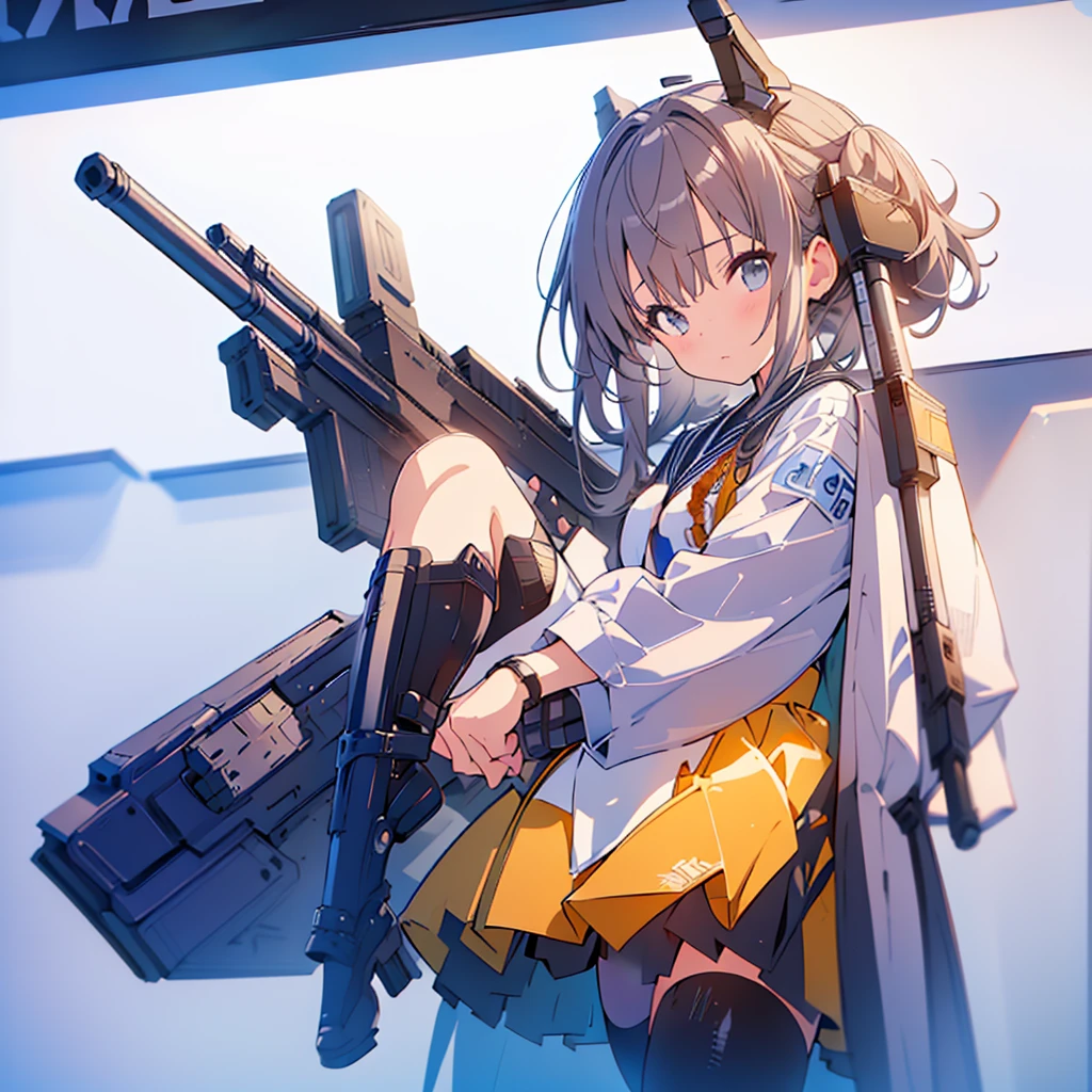 1girl、(((Highest quality、Masterpiece、Official Art、The best dynamic composition、Super detailed)))、Sniper high school girl、Black Sailor Suit、Anime Style、Creative outfits、、Unique and original hairstyle、 holding_gun、QBU10,うつぶせになってgunをかまえている、Looking into the site、To the audience、White Background, Holding, Holding 武器, gun, Holding gun, Armband, rifle, Grey Skirt, headset, assault rifle, grey gloves,