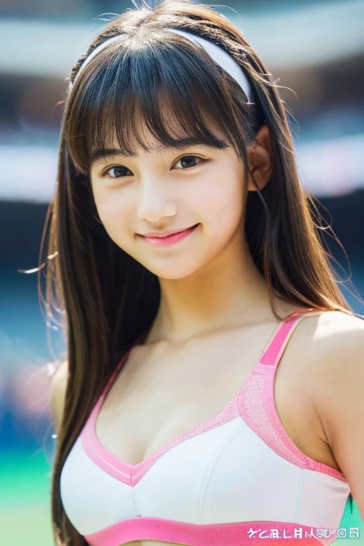 (((Highest quality))) ((masterpiece)) ((Real beautiful girl)) 12 Talented Girls (Cute face) clear (()) Appearance like an idol Mini spats Sports bra Slim figure Arena smile Creating Bangs