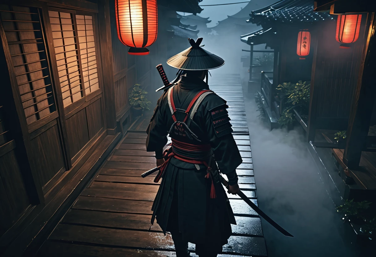(masterpiece, best quality,ultra highres),Display the title "assassin's creed" on the screen,
(edo era, japan Town),
absurdres, highres, extra detailed, (african samurai encountering the ninja), chiaroscuro, 3d model,
BREAK, (30yo boy:1.3),black skin samurai, samurai outfit, from behind, (from above:0.6), cowboy shot, holding katana, hand up, aiming,
BREAK, indoors, night, darkness, (wet:0.5), fog, mist,
BREAK, samurai,assassin's creed ,
(a scene from a video-game),
BREAK, (fake screenshot, button prompt, dialogue options:1.3), action theme,minimap, health bar, gameplay mechanics, user interface
