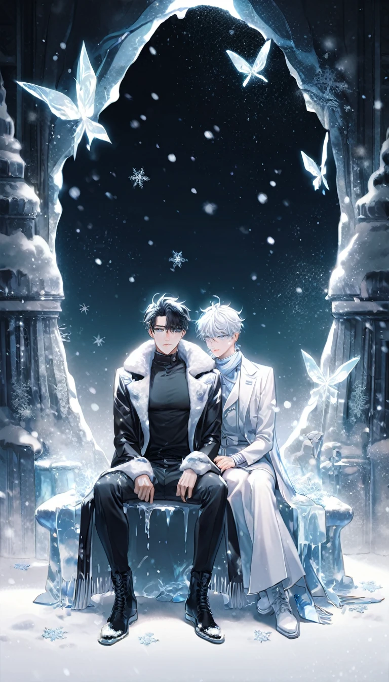 (absurdres, highres, ultra detailed, HDR) master piece, best quality, extremely detailed face, delicated features, Gojou Satoru, white hair, expressive blue eyes, white eyelashes, Omniscient Reader's Viewpoint, Yoo Joonghyuk, black hair, expressive gray eyes, two sexy men sitting together, yaoi, gay couple, white coat, black coat, black tight shirt, scarf, black pants, white pants, black boots, full body, snowing, snow, snowflakes, ice butterflies, night sky, ice, magical, fantasy, winter