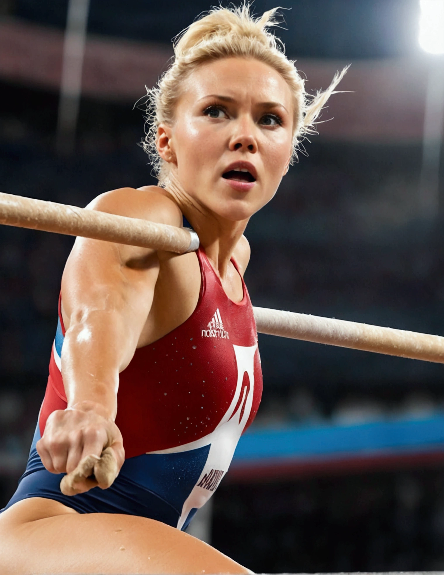 Olympic Pole Vaulter (Scarlett Johannsson), sweaty, mid air, determined, soaring over the pole vault high bar, packed stadium
