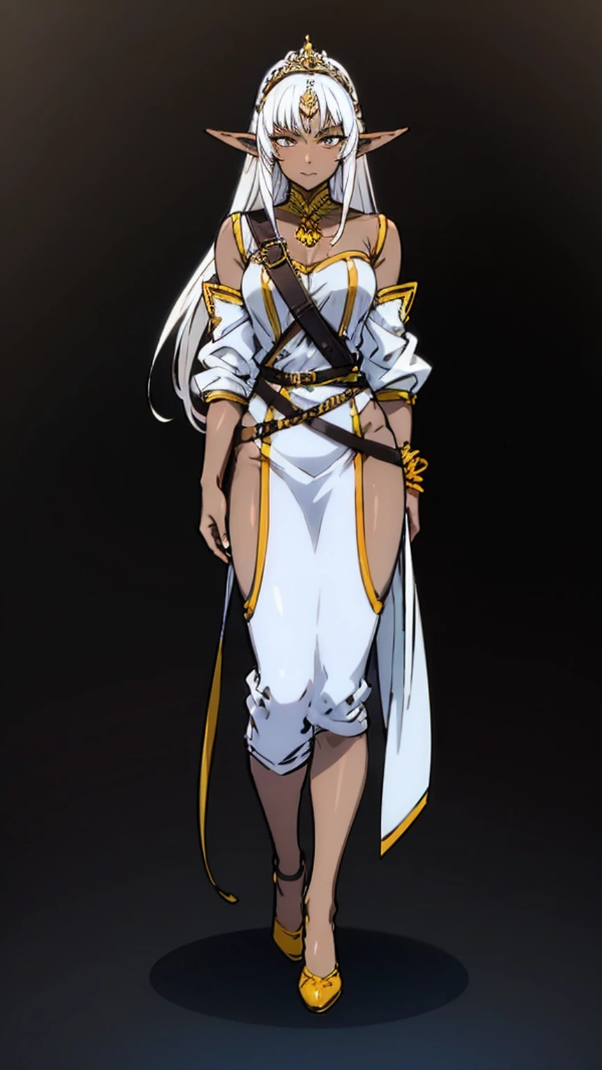 (((full body photo)))1 solo dark elf pirotess black skin white hair, fullbody, yellow eyes, tiara,