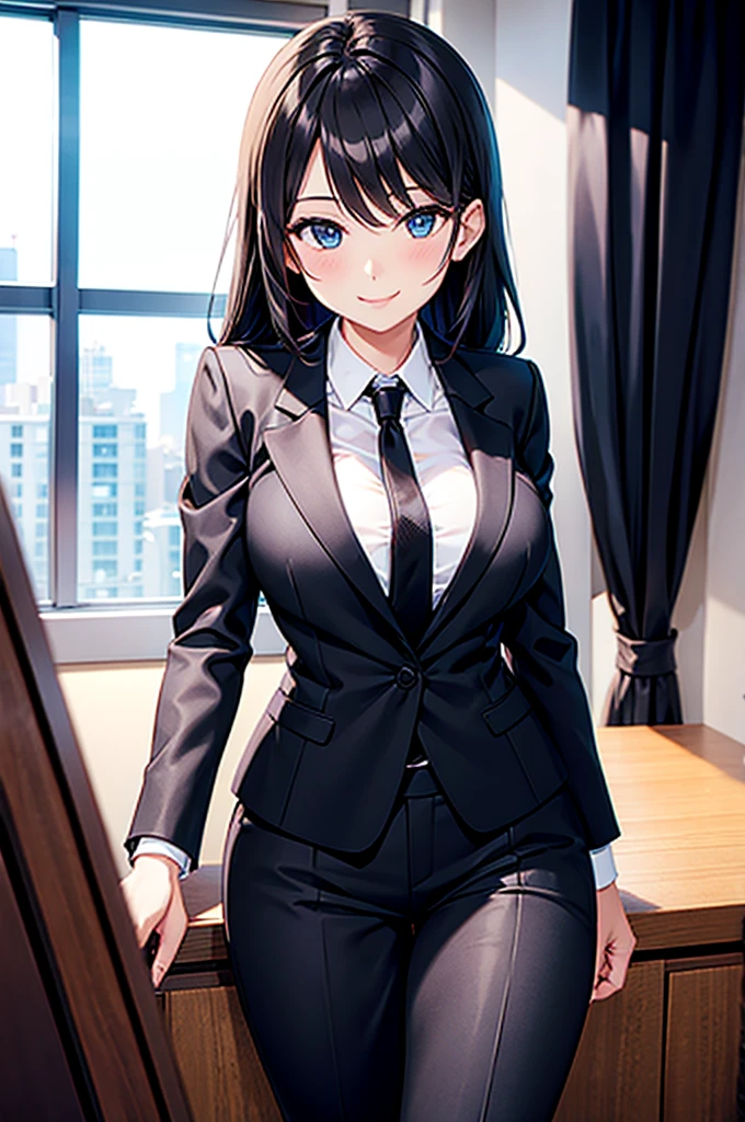 Sexy woman in a black suit tie smile