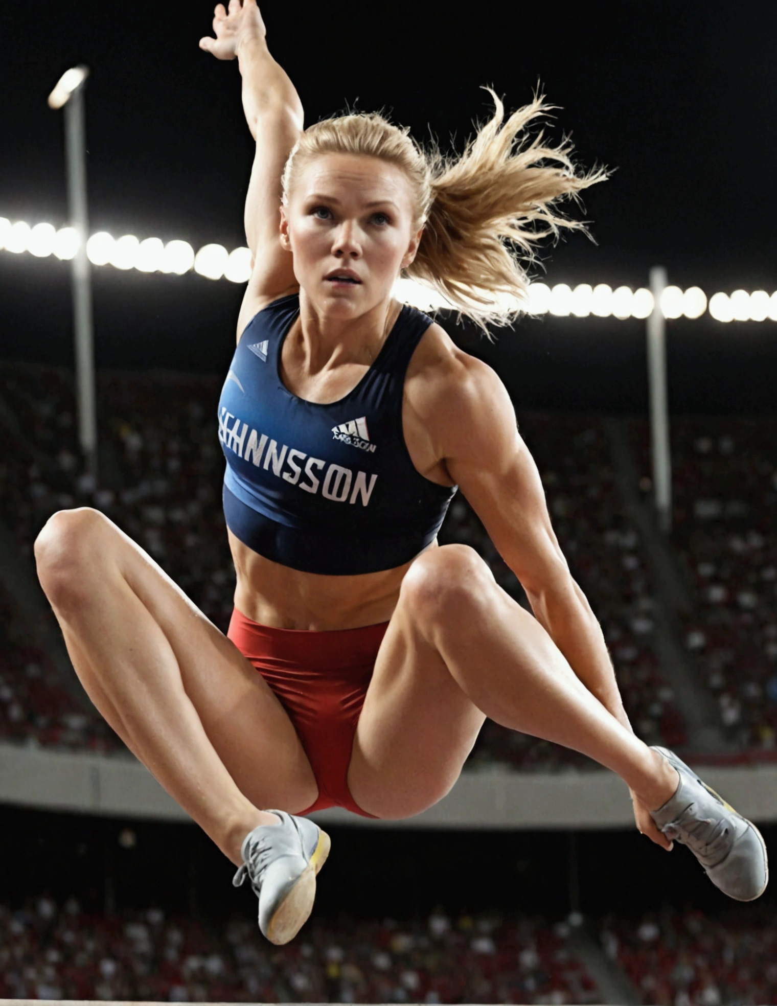 Olympic Pole Vaulter (Scarlett Johannsson), sweaty, mid air, determined, soaring over the pole vault high bar, packed stadium
