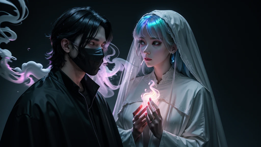 long shot, masked male ghost in black clothes standing next to a beautiful woman in white clothes next to him in the city, high detail, wide shot, 4K, 3D, REALISTIC, (iridescent glow smoke), UHD, 32K, very bold neon colors, black light, neon light
