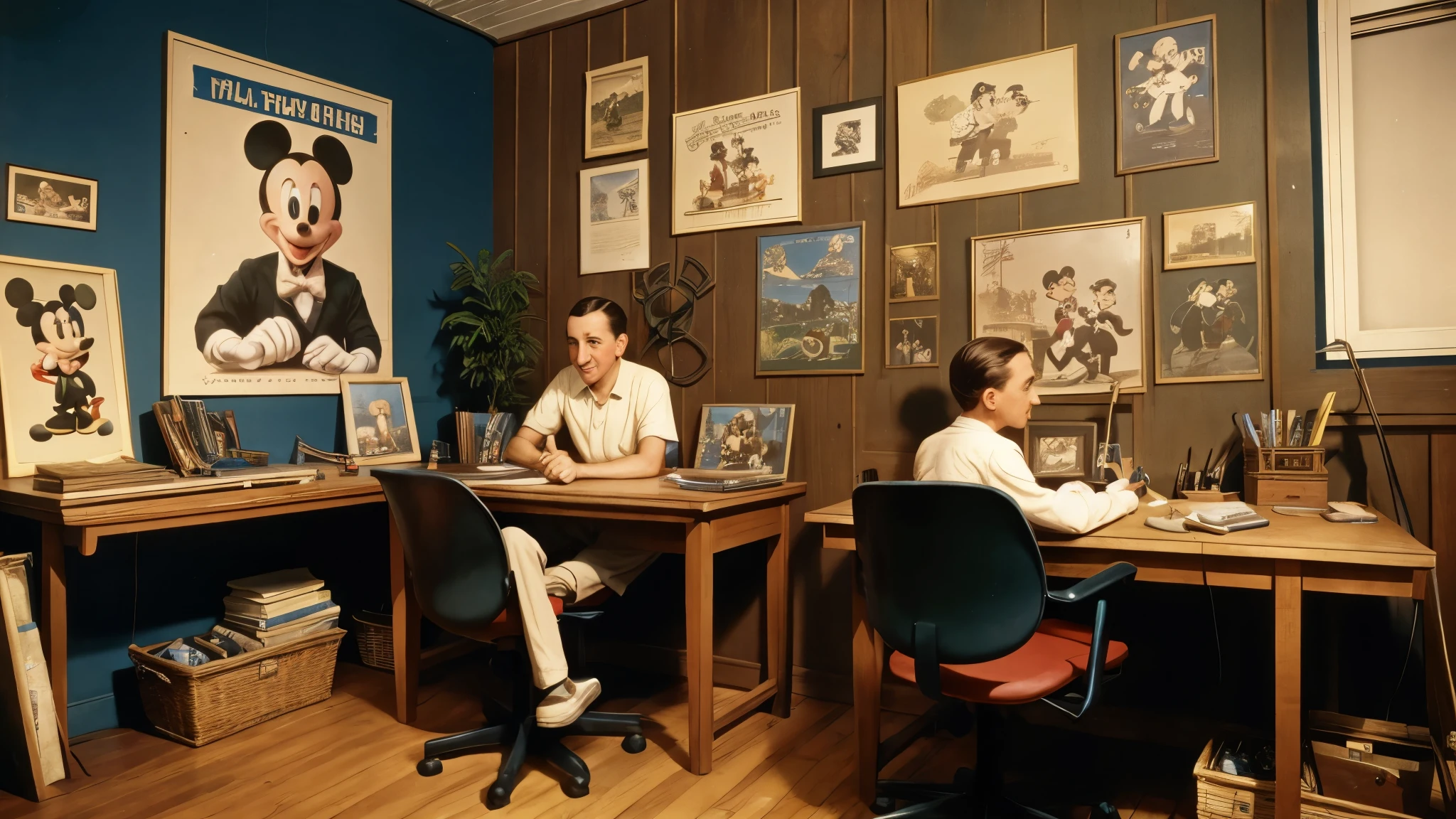 "Walt Disney and his brother Roy Disney in their first small studio in Hollywood, working on early Mickey Mouse cartoons, showing their humble beginnings and teamwork."color picture