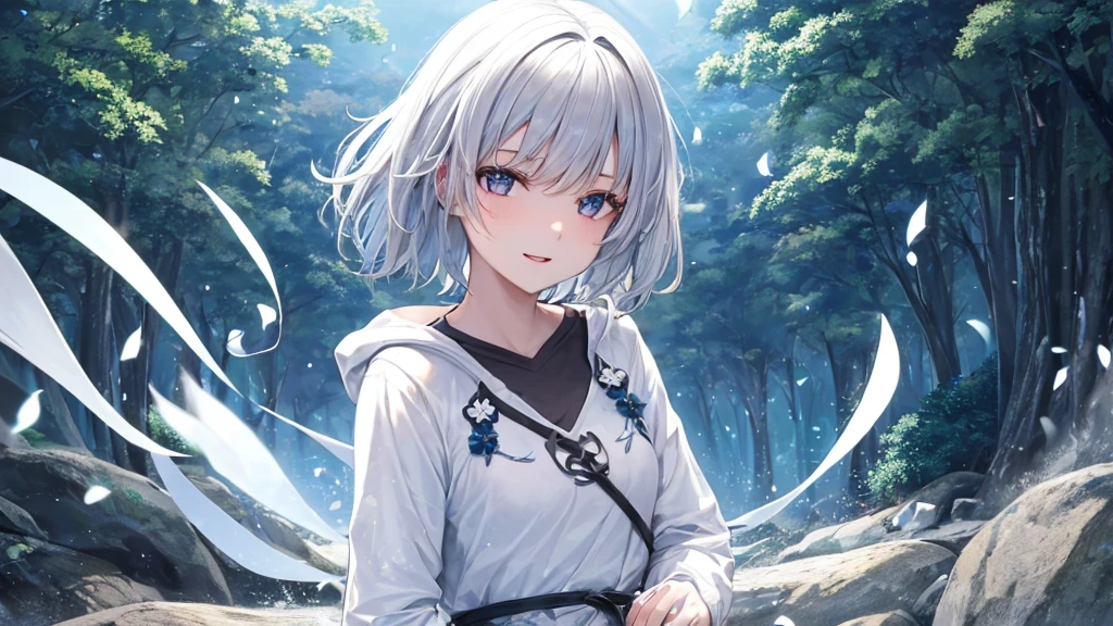 Ultra HD,Look at the viewers, Put your hands behind your back, With a girl, 20-year-old, 非常にShort Hair, Long bangs between the eyes, Pale blue eyes, Very detailed,(masterpiece、Highest quality),Gray Hair、Laughter、Fantastic, Silver Hair, Iris, Short hair、 Fluttering Hair、Small Face、明るいsmile、(Detailed face) ,Professional Lighting,Wonderful landscape,blue sky, sunlight,Looking down from above,Portraiture、Open your mouth、Flower Field、Her eyes were shining、Mysterious and enchanting atmosphere。With AI Painting、とてもShort Hair, Long bangs between the eyes, Very detailed,(masterpiece、Highest quality)、alone、Gray Hair、Fantasy, Silver Hair, Fantasyな風景、smile、Open your mouth、short hair、Short Hair、hairpin、black eye、Grey Eyes、Beautiful Eyes、Black Shirt、White hoodie