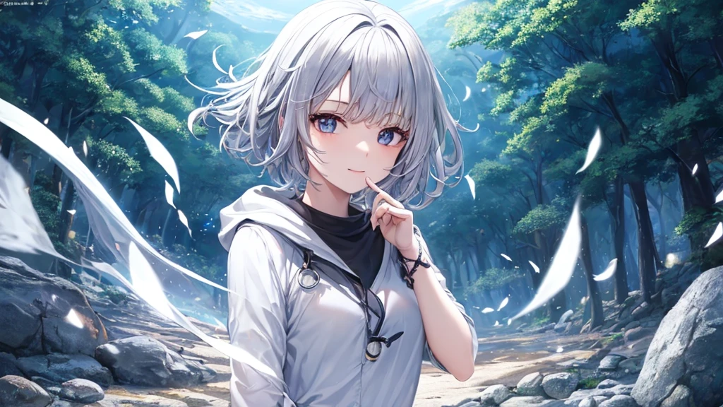 Ultra HD,Look at the viewers, Put your hands behind your back, With a girl, 20-year-old, 非常にShort Hair, Long bangs between the eyes, Pale blue eyes, Very detailed,(masterpiece、Highest quality),Gray Hair、Laughter、Fantastic, Silver Hair, Iris, Short hair、 Fluttering Hair、Small Face、明るいsmile、(Detailed face) ,Professional Lighting,Wonderful landscape,blue sky, sunlight,Looking down from above,Portraiture、Open your mouth、Flower Field、Her eyes were shining、Mysterious and enchanting atmosphere。With AI Painting、とてもShort Hair, Long bangs between the eyes, Very detailed,(masterpiece、Highest quality)、alone、Gray Hair、Fantasy, Silver Hair, Fantasyな風景、smile、Open your mouth、short hair、Short Hair、hairpin、black eye、Grey Eyes、Beautiful Eyes、Black Shirt、White hoodie