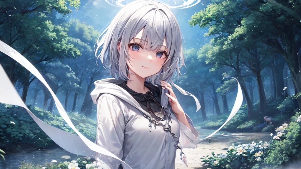 Ultra HD,Look at the viewers, Put your hands behind your back, With a girl, 20-year-old, 非常にShort Hair, Long bangs between the eyes, Pale blue eyes, Very detailed,(masterpiece、Highest quality),Gray Hair、Laughter、Fantastic, Silver Hair, Iris, Short hair、 Fluttering Hair、Small Face、明るいsmile、(Detailed face) ,Professional Lighting,Wonderful landscape,blue sky, sunlight,Looking down from above,Portraiture、Open your mouth、Flower Field、Her eyes were shining、Mysterious and enchanting atmosphere。With AI Painting、とてもShort Hair, Long bangs between the eyes, Very detailed,(masterpiece、Highest quality)、alone、Gray Hair、Fantasy, Silver Hair, Fantasyな風景、smile、Open your mouth、short hair、Short Hair、hairpin、black eye、Grey Eyes、Beautiful Eyes、Black Shirt、White hoodie