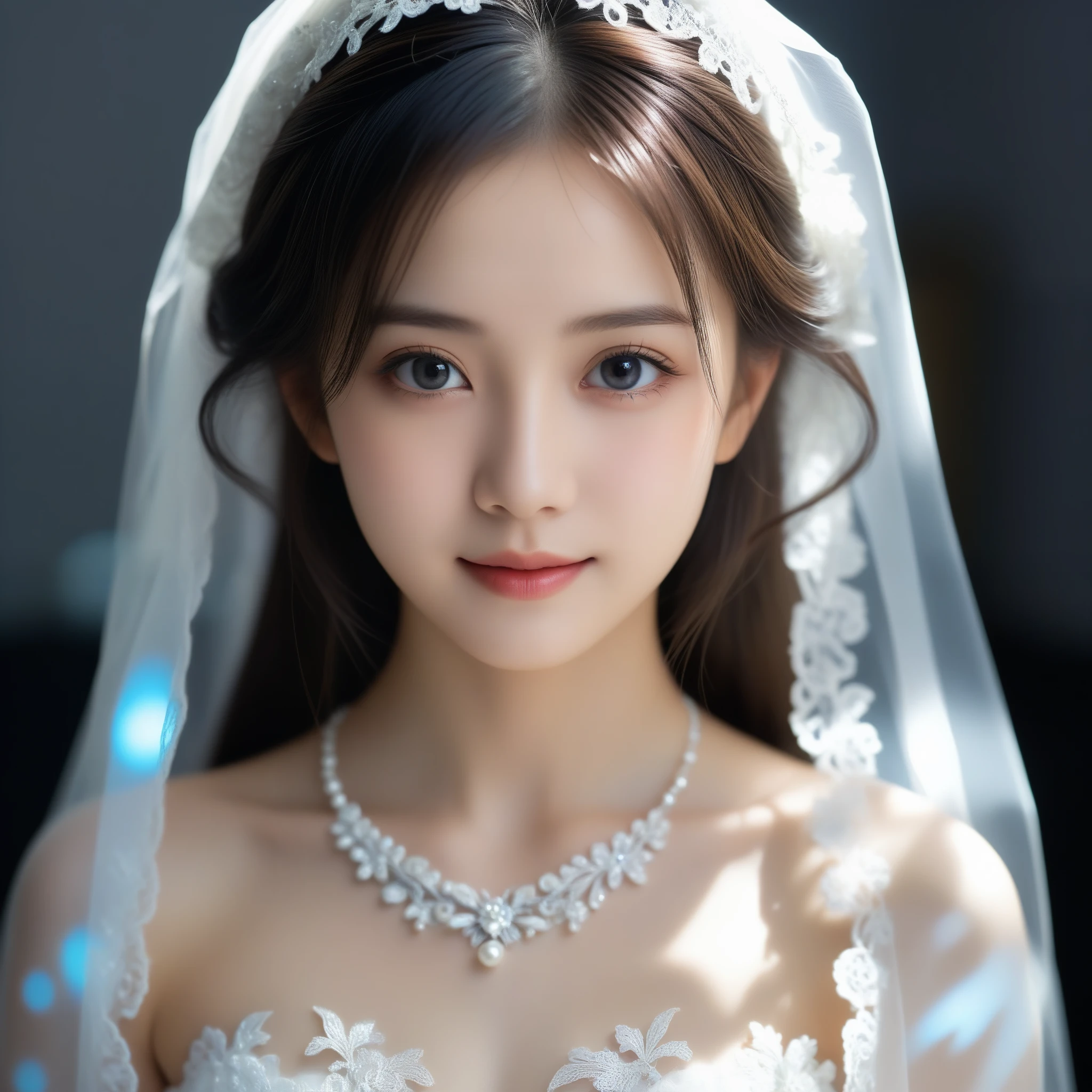 8k, Ultra-high resolution, Highest quality, masterpiece, 三分割法によるphotograph,Surreal, photograph, 1 Girl, (:1.3), pretty girl, Cute Face, Beautiful eyes in every detail, 細かくdetailedに,masterpiece,One Girl:1.2,Japan Female Teachers,extream close up,sad,light smile,Long black hair,Straight long hair,(印象派の美しい少女のPortraiture),(Impressionist light and colour), (Gray background:1.3),(White Wedding Dress:1.3),(Fairy, bride, Shiny Hair, Beautiful dark eyes, So cute and beautiful,16 years old0.8),Sharp contours,Looking down, (Wedding Veil,White lace), Light from above, (Side view),, Perfect and beautiful face ,完璧でCute Face, Skin with attention to detail, Perfect limbs、Narrow waist,Looking at the audience,(((Ideal body type))),A cup small breasts :2,Portraiture:2,Perfect Anatomy,鮮明なdetailed,detailed,Surreal,Light and shadow,glowing