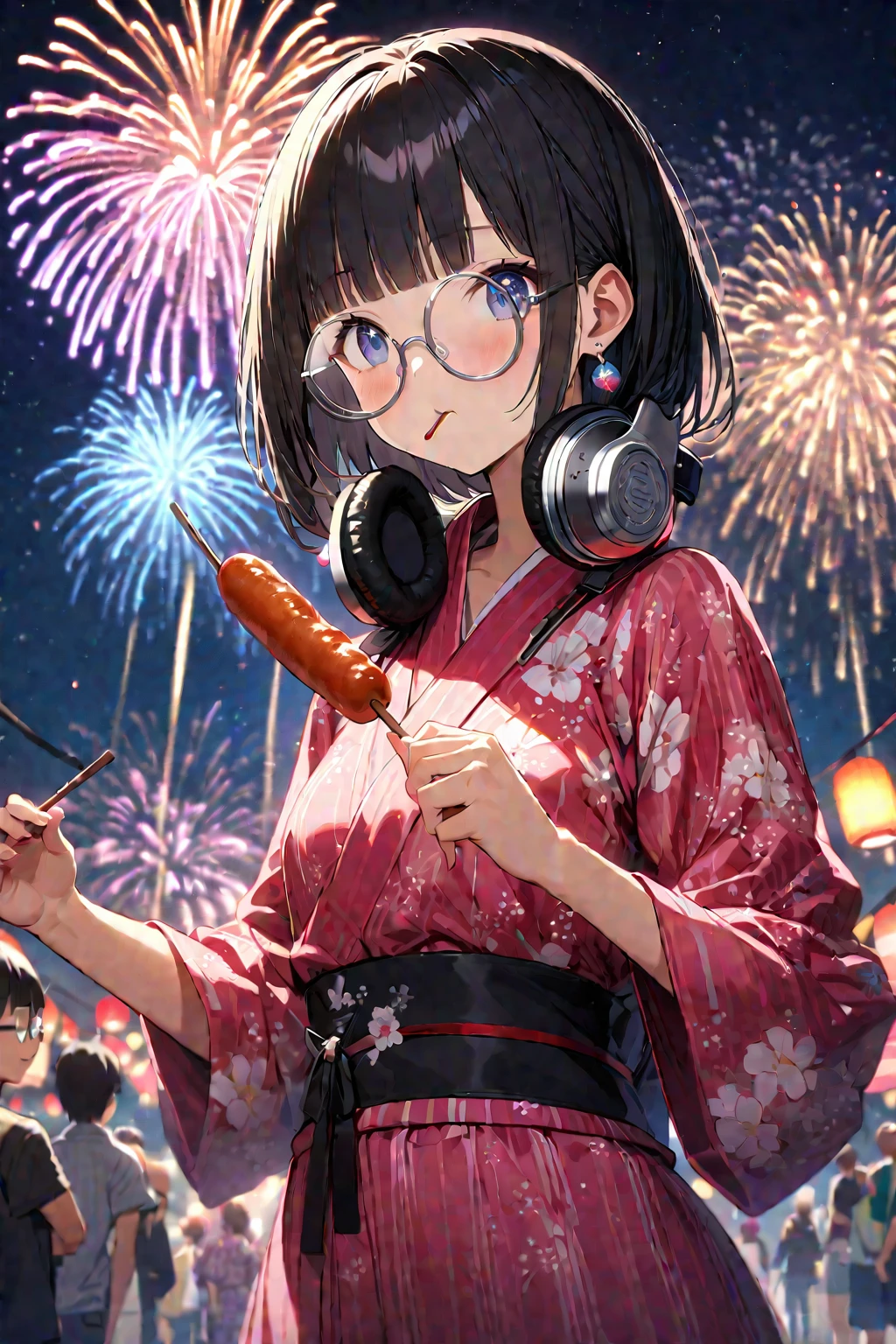 (extremely detailed fine touch:1.3), (((silver semi-rimless round eyewear:1.3))), (wear silver headphones around neck:1.0), black short hair, blunt bangs, glowing 1girl, 2.5d face, cowboy shot, extremely detailed pink yukata, cute earring, eating sausage on a stick , extremely detailed summer festival, midnight, starry sky, extremely detailed fireworks,