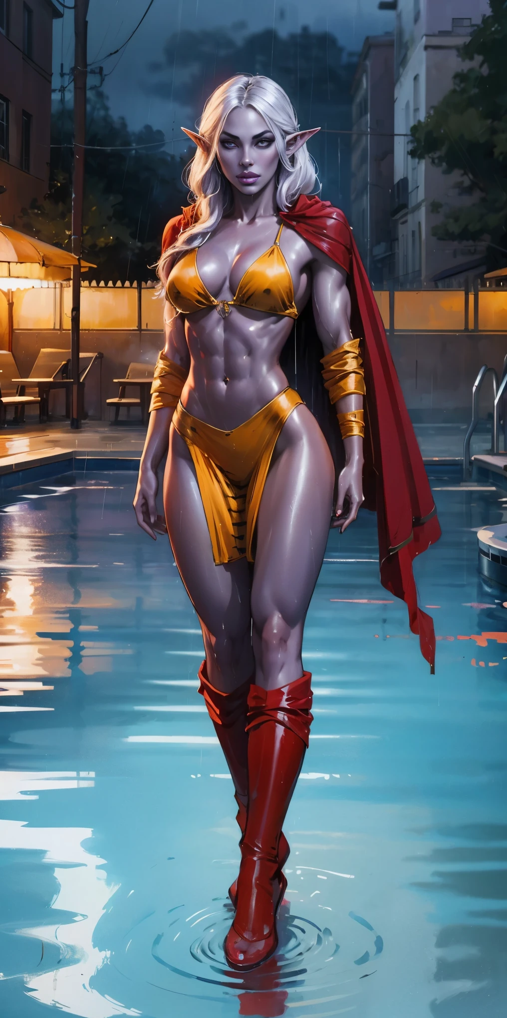 Full body, masterpiece, 1solofemale drow elf purple skin standing pose (yellow tiger bikini) red cape, red bikini, long white hair, strong body, abs, Ultra Quality, shiny skin, Atmospheric, 8K, Cinematic ((Street background)) BREAK, sunglasses (wet rainy, wet by rain, wet body :1.2) ultra-detailed face, detailed lips, detailed eyes, double eyelid, sensual low-necked dress, open neckline, hanging breasts, side pose, visible curves, pool, poolside, red transparent robe, sunglasses, muscular turned leg