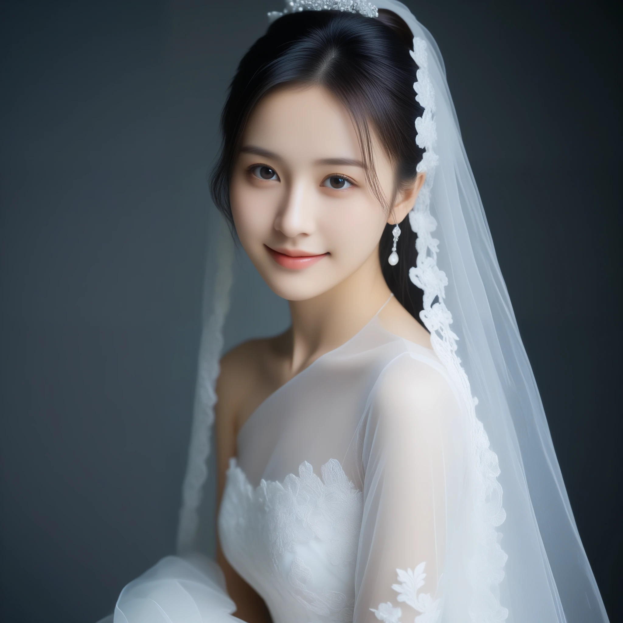 8k, Ultra-high resolution, Highest quality, masterpiece, 三分割法によるphotograph,Surreal, photograph, 1 Girl, (:1.3), pretty girl, Cute Face, Beautiful eyes in every detail, 細かくdetailedに,masterpiece,One Girl:1.2,Japan Female Teachers,extream close up,sad,light smile,Long black hair,Straight long hair,(印象派の美しい少女のPortraiture),(Impressionist light and colour), (Gray background:1.3),(White Wedding Dress:1.3),(Fairy, bride, Shiny Hair, Beautiful dark eyes, So cute and beautiful,16 years old0.8),Sharp contours,Looking down, (Wedding Veil,White lace), Light from above, (Side view),, Perfect and beautiful face ,完璧でCute Face, Skin with attention to detail, Perfect limbs、Narrow waist,Looking at the audience,(((Ideal body type))),A cup small breasts :2,Portraiture:2,Perfect Anatomy,鮮明なdetailed,detailed,Surreal,Light and shadow,glowing