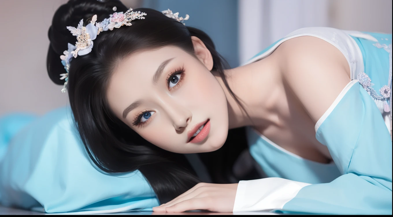 Fashion model 18 years old [[[[Close-up cleavage]]]], [[[[breast]]]], [[[[Cole]]]], [[[[Shoulder]]]], Perfect eyes, Perfect Iris，Perfect lips，Perfect Teeth，Perfect skin，Fair skin，Long face，Long and thin nose，Soft headlight，HDR，girl，White clothing，The background is the bedroom，floor，（Pastel colors：1.2）