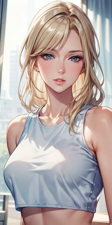 Portraiture, Elegant mature woman, Blonde, Perfect Eyes, Large Breasts, High resolution 8k, Beautiful CG, Soft Light、Draw the whole body、On all fours with both hands in front of you、Sexy Lace Shorts