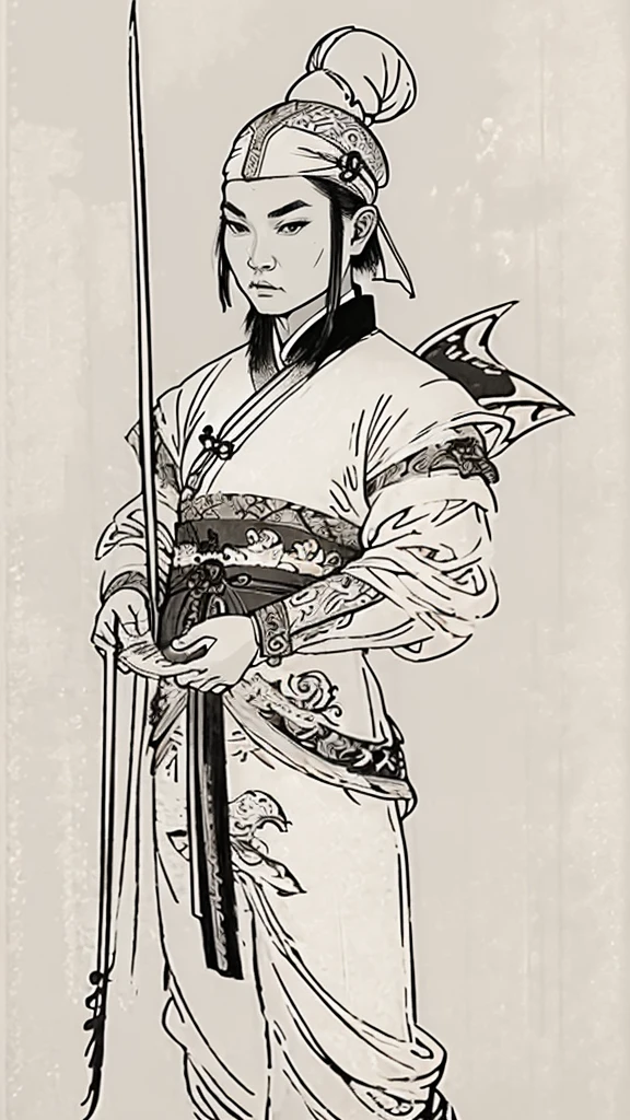 (((Monochrome)))、(((Ink Painting)))、((ancient china、Androgynous man with a bun hairstyle and a white swimming cap))、Put your hands underneath、Line art、Oriental、Ultra-high resolution、Game Poster、Crisp and beautiful image quality、whole body ,(((ancient china鎧, Dragon head on shoulder, (ancient china鎧 with intricate pattern:1.2))), gloves, Long trousers, (Very detailed, bloom:1.5), (Highest quality, Concept Art, 4K), (analog:1.2), (high sharpness), (Detailed pupil:1.1), Detailed face and eyes, masterpiece, Highest quality,8k, (Black Hair, Dynamic Short Hair), (PurerosFace_v1:0.2), [:(Detailed face:1.2):0.2], sharp, Realistic Shadows, 