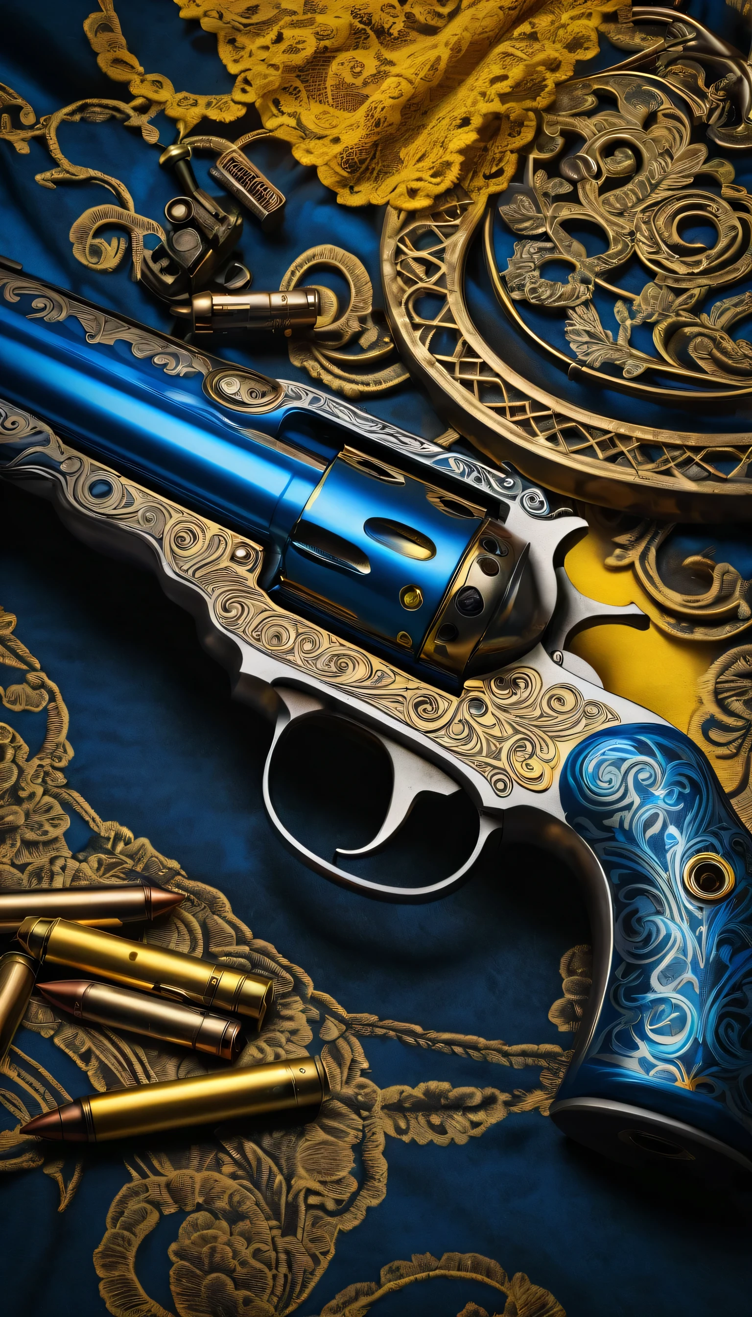 Winchester carabin ornamented, blue and yellow, 4d tattoo style composition, bullets, curly fabric, Rembrandt light and shadow, 8k, vintage future composition, steampunk, shiny lights vivid, realism, photo realistic, smoke