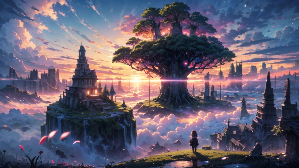 Makoto Shinkai and the Ghibli animation style, From the back,Above the clouds,A girl in an adventure outfit sits on a mossy stage,Looking at the majestic Lost City and the huge World Tree next to it, lost city Above the clouds and towering sky, Magical glowing particles, Vibrant dreamy colorful sky and fluffy clouds, books, apple, Glasses, calm,petal,Wind blowing hair,they are