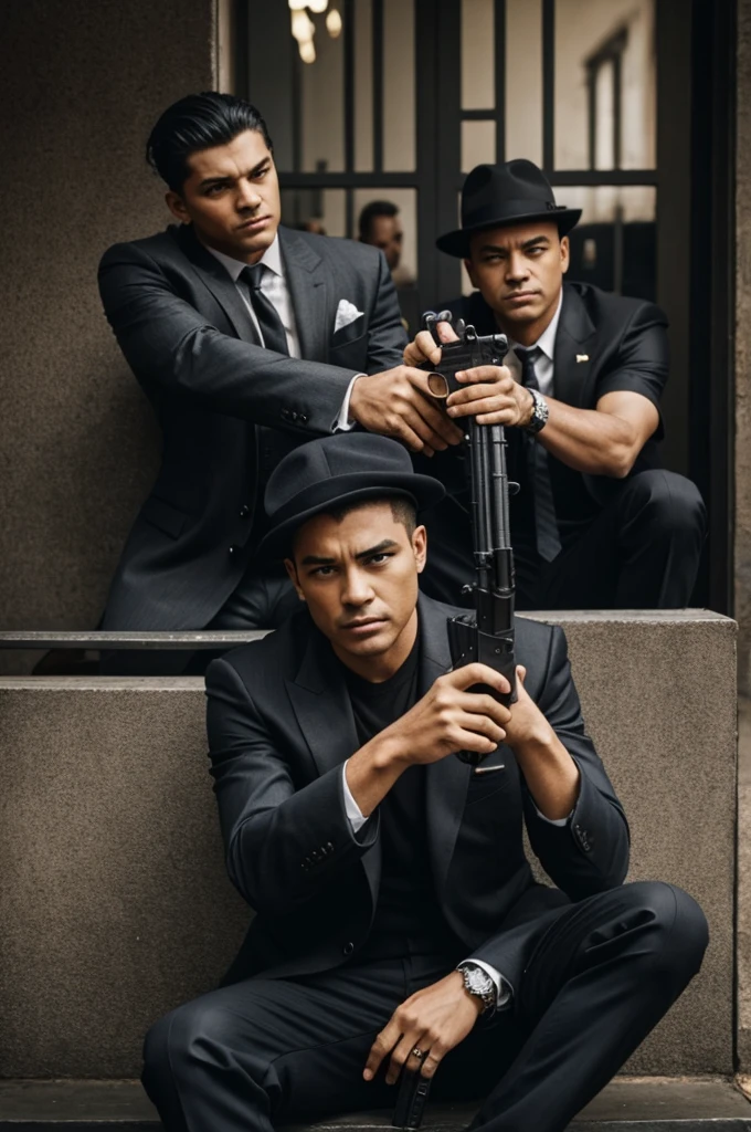 Gangsters with gun , cross sitting,, with name Elle