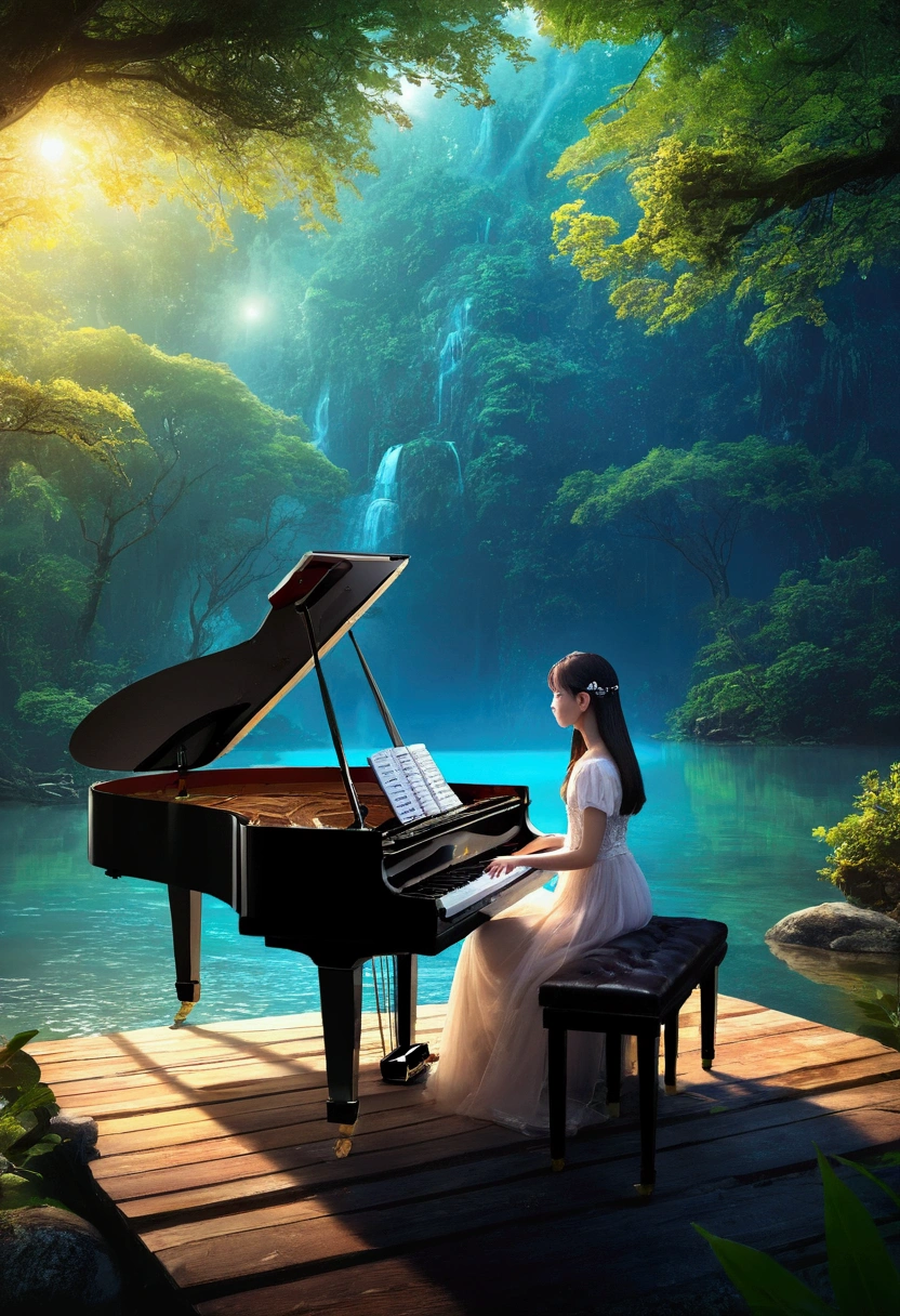 The piano creates a fantastic melody、Magic lake mystical atmosphere image girl playing piano(1 person)