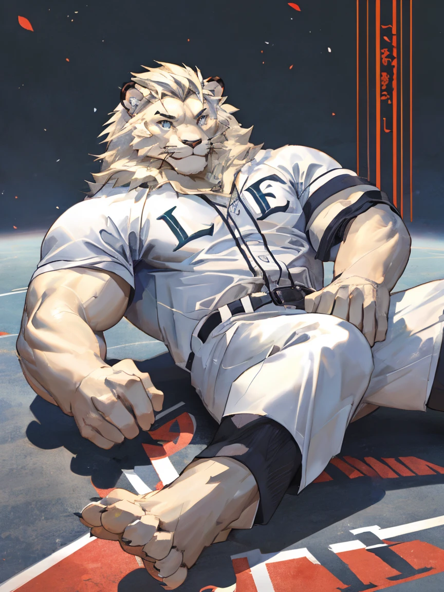 Leo seibu lions, good looking, male, anthro, ultradetailed, muscular, solo, bareness, rippling muscles, muscles, simple background, vector background, tail, smiling, lying, open legs, baseball uniform, poster,by takahirosi