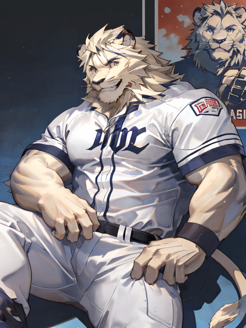 Leo seibu lions, good looking, male, anthro, ultradetailed, muscular, solo, bareness, rippling muscles, muscles, simple background, vector background, tail, smiling, lying, open legs, baseball uniform, poster,by takahirosi