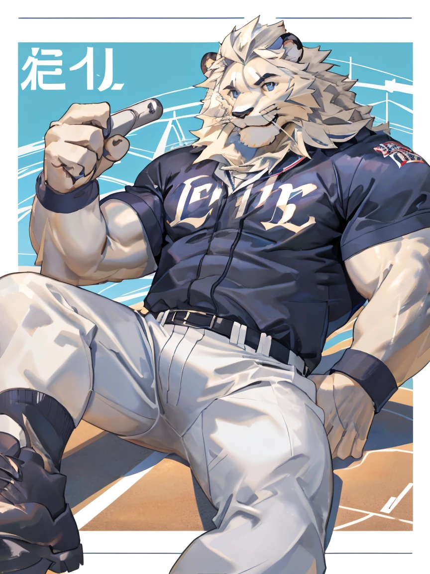 Leo seibu lions, good looking, male, anthro, ultradetailed, muscular, solo, bareness, rippling muscles, muscles, simple background, vector background, tail, smiling, lying, open legs, baseball uniform, poster,by takahirosi