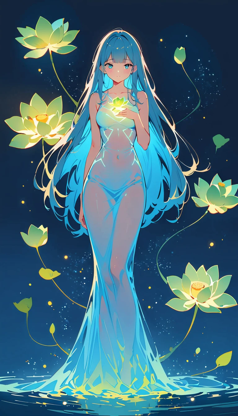 (masterpiece, best quality:1.2), Digital Art Style, Charming illustrations,Peace Pictures，1 Girl, Solitary,permanent_,whole body,A lotus，Flowing long hair，Body Glow，Long skirt，glowing lines，Fluorescence,Glow Example，Sample trace，flash，萤Light Particles，Backlight，translucent，Light Particles，Correct human anatomy，