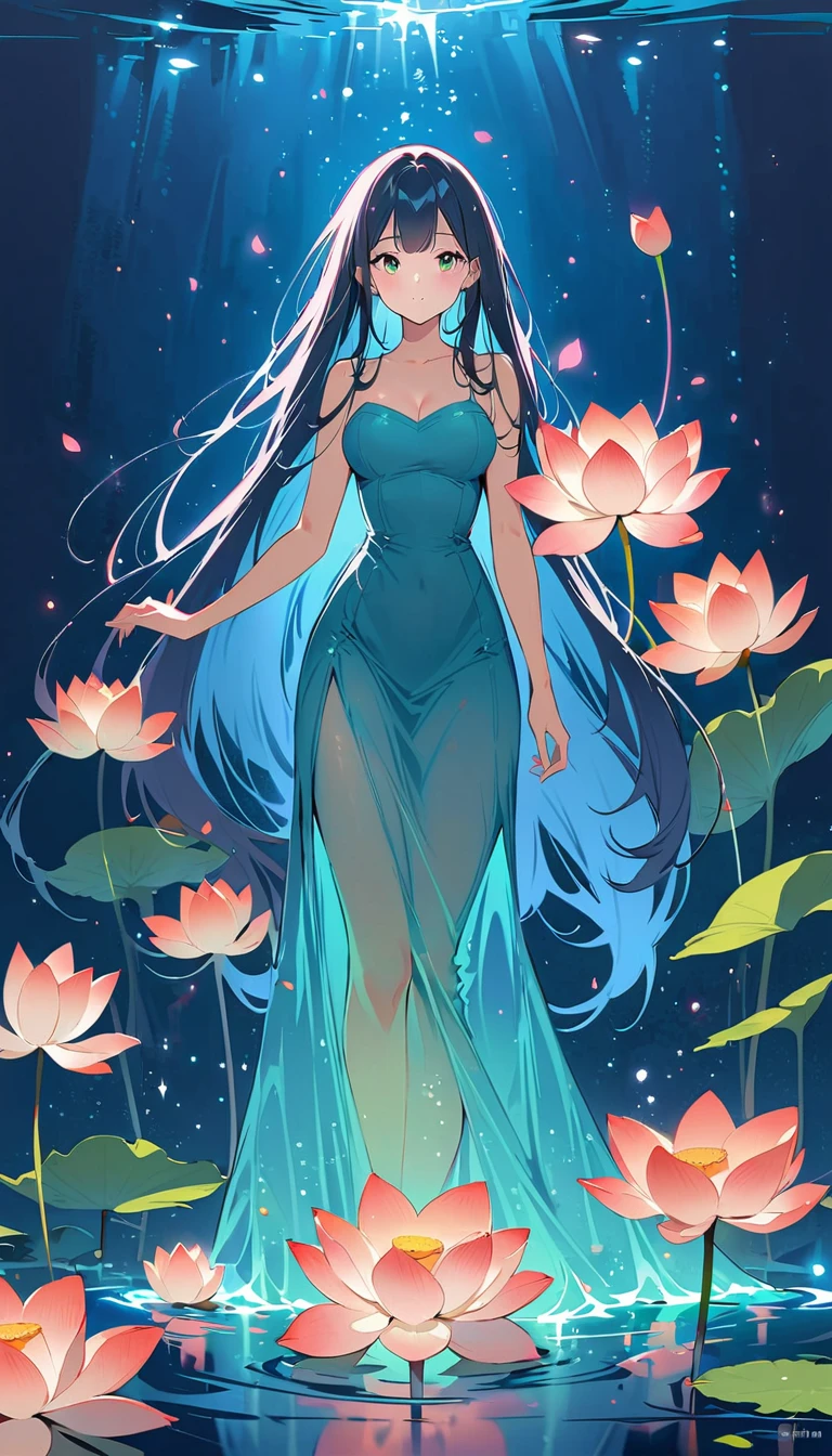 (masterpiece, best quality:1.2), Digital Art Style, Charming illustrations,Peace Pictures，1 Girl, Solitary,permanent_,whole body,A lotus，Flowing long hair，Body Glow，Long skirt，glowing lines，Fluorescence,Glow Example，Sample trace，flash，萤Light Particles，Backlight，translucent，Light Particles，Correct human anatomy，