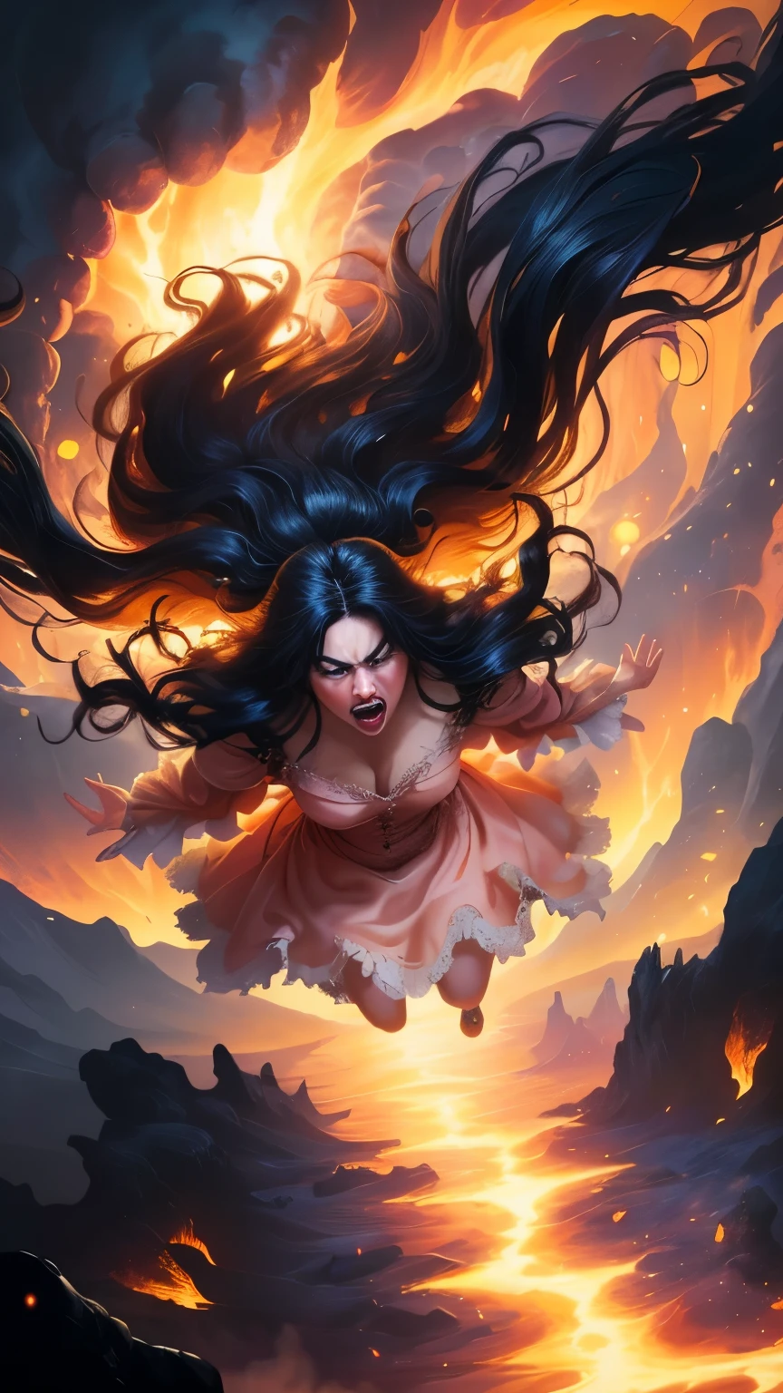 ((best quality)), ((masterpiece)), (detailed), A digital illustration of a furious woman in a light peach color princess dress with long black hair flying in the air surrounded by monsters, with a tornado and lava in the background