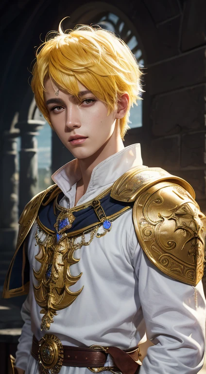 (absurd, high resolution, Extremely detailed, HDR), masterpiece, best quality, "Magic Knight Reias" Character handsome boy in white clothes with short hair wearing detailed headdress with yellow hair