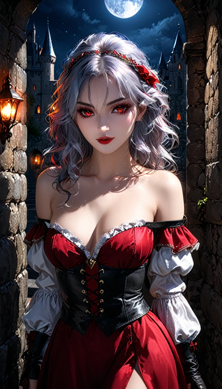 1girl, solo, mature woman, [white shirt top: red dress under], (vampire pattern clothing), long curvy messy hair, silver hair, glowing ruby colored eyes, black eye liner, glowing eyes, ((beautiful face)), detailed face, detailed eyes, perfect hands, (collarbone), (off shoulder), leather high boots, leather glove, set in ancient castle, stone wall, moonlight, cold light, POV, looking at viewer, medieval theme, pretty lips, (seductive look), waitress, illustration, 8k, super details, award winning, high res