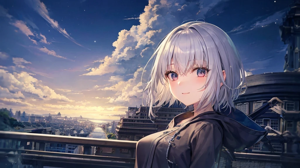 Ultra HD,Look at the viewers, Put your hands behind your back, With a girl, 20-year-old, 非常にShort Hair, Long bangs between the eyes, Pale blue eyes, Very detailed,(masterpiece、Highest quality),Gray Hair、Laughter、Fantastic, Silver Hair, Iris, Short hair、 Fluttering Hair、Small Face、明るいsmile、(Detailed face) ,Professional Lighting,Wonderful landscape,blue sky, sunlight,Looking down from above,Portraiture、Open your mouth、Flower Field、Her eyes were shining、Mysterious and enchanting atmosphere。With AI Painting、とてもShort Hair, Long bangs between the eyes, Very detailed,(masterpiece、Highest quality)、alone、Gray Hair、Fantasy, Silver Hair, Fantasyな風景、smile、Open your mouth、short hair、Short Hair、hairpin、black eye、Grey Eyes、Beautiful Eyes、Black Shirt、White hoodie