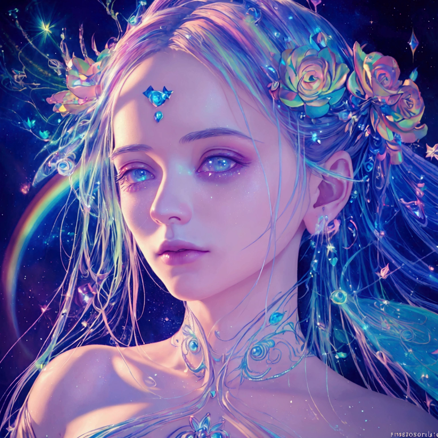 a pretty fairy with rainbow hair,1girl,beautiful detailed eyes,beautiful detailed lips,extremely detailed face and portrait, long eyelashes, galactic rainbow universe, starry lined trails, magical, ethereal, vivid colors, cinematic lighting, dramatic lighting, (best quality,4k,8k,highres,masterpiece:1.2),ultra-detailed,(realistic,photorealistic,photo-realistic:1.37),dramatic composition,highly detailed,intricate details,fantasy art,digital art,concept art