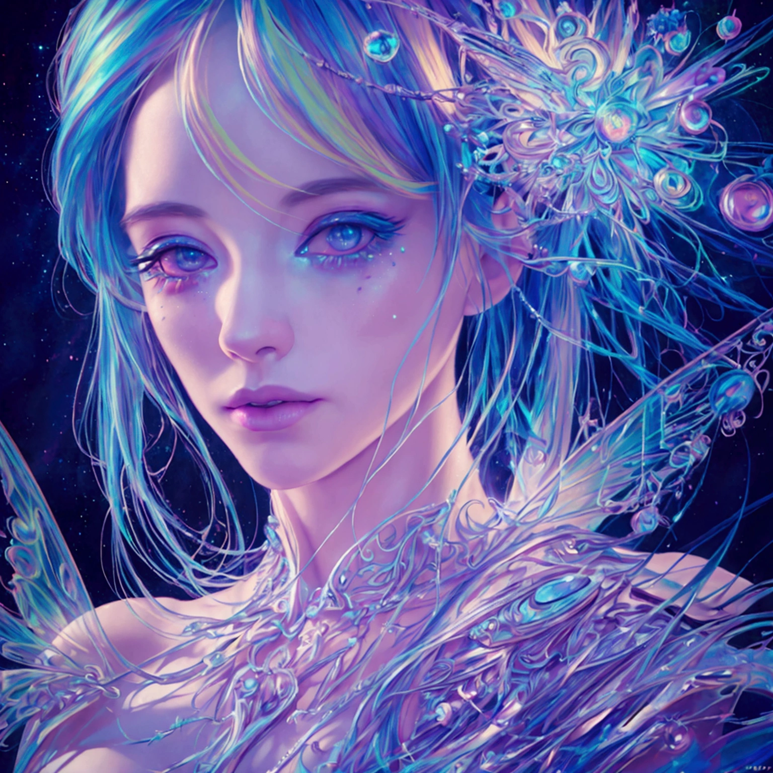 a pretty fairy with rainbow hair,1girl,beautiful detailed eyes,beautiful detailed lips,extremely detailed face and portrait, long eyelashes, galactic rainbow universe, starry lined trails, magical, ethereal, vivid colors, cinematic lighting, dramatic lighting, (best quality,4k,8k,highres,masterpiece:1.2),ultra-detailed,(realistic,photorealistic,photo-realistic:1.37),dramatic composition,highly detailed,intricate details,fantasy art,digital art,concept art