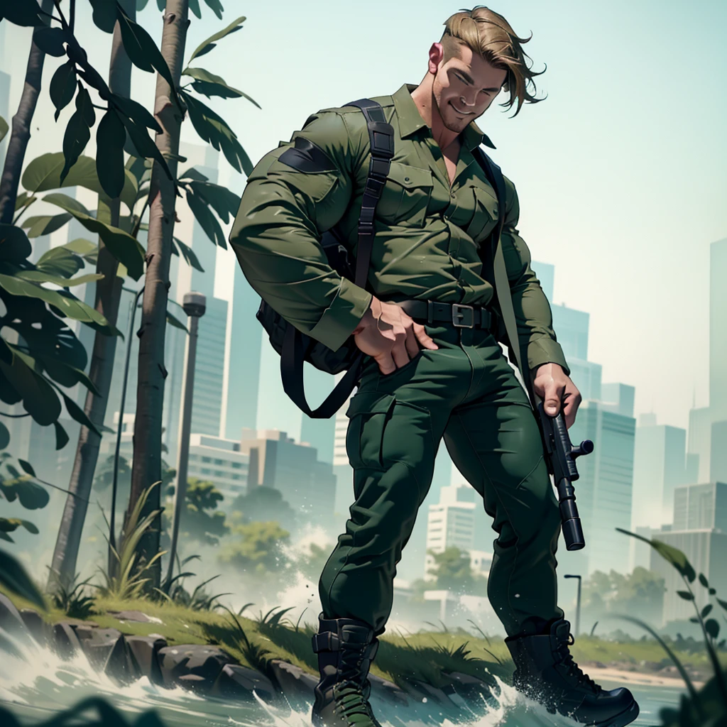 1 man, male focus solo, middle aged man,Stephen AMELL as private army soldier, lean muscle,olive green shirt, camouflage pants ,green belt , dark green boots ,( big bulge), full body shot, dark blond short hair, well groomed facial hair, smiling ,looking at the view, proud, holding a gun with one hand, , ultra high quality, masterpiece, (clear intense splashed dark green and white paint in the blackground)