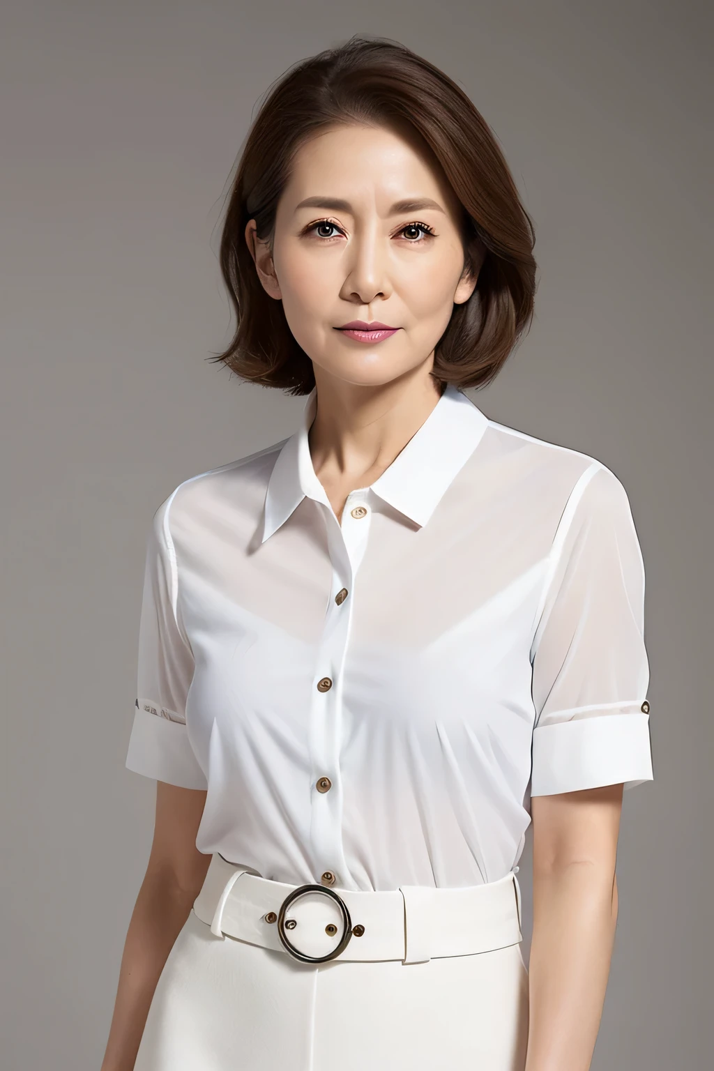 High resolution, High-level image quality, High definition, masterpiece, Rough skin, Anatomically correct, sharp,
Gray background,
((Japanese Mature, 90 years old)), One person, ((Facial wrinkles)), Shapely big breasts, Straight light brown hair that reaches the shoulders, Chubby body type, Mouth closed and serious face,
(((Standing upright and looking at the viewer))),
(White shirt with transparent collar and buttons for summer, White Skirt, ),
Beautiful shins, ((Cowboy Shot))