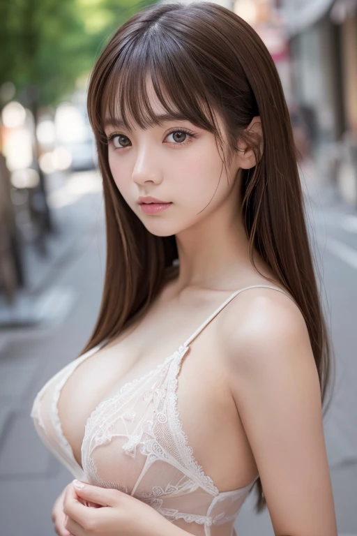 20歳の日本人一人のgirl、(beautiful girl、華奢なgirl:1.3)、(:1.3)、break、Browsing Caution、Show nudity、break、Very detailed定義、(Symmetrical eyes:1.3)、break、(Street view:1.3)、(Upper Body)、break、Small breasts、Brown eyes、Parted bangs、Brown Hair、girl、break、(Eyes and Face)with detail:1.0)、break、(masterpiece、Highest quality、Very detailed、Detailed face、8k), Facing forward