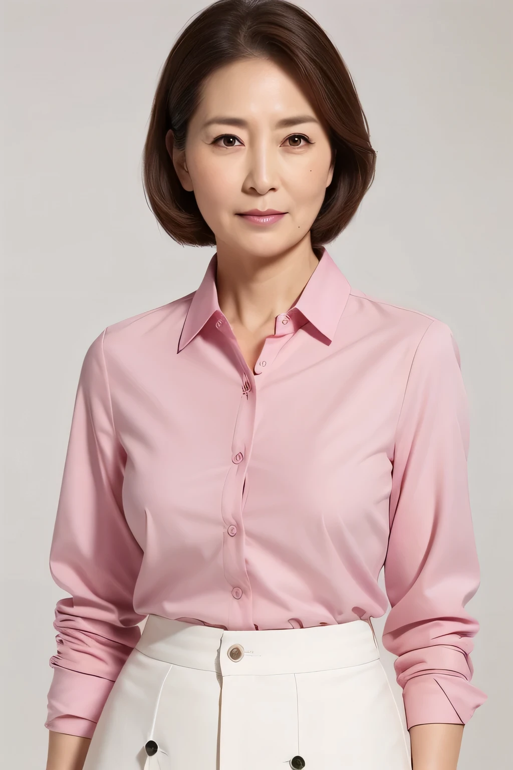 High resolution, High-level image quality, High definition, masterpiece, Rough skin, Anatomically correct, sharp,
Bright school classroom,
((Japanese Mature, 90 years old)), One person, ((Facial wrinkles)), Shapely big breasts, Straight light brown hair that reaches the shoulders, Chubby body type, Mouth closed and serious face,
(((Standing upright and looking at the viewer))),
(Pink shirt with transparent collar and buttons for summer, White Skirt, ),
Beautiful shins, ((Cowboy Shot))